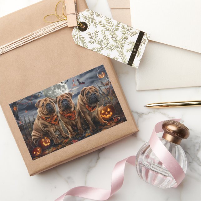 Adesivo Retangular Shar Pei Halloween Assustador (Presentear)