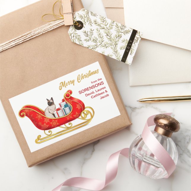 Adesivo Retangular Siamês Cat Christmas Gift Sleigh (Presentear)