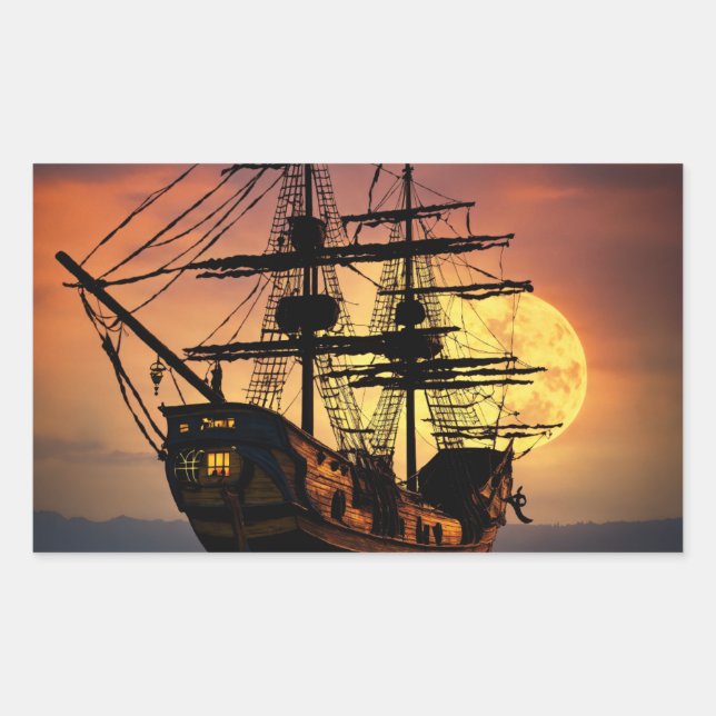 Adesivo Retangular Silhueta Épica do Navio Pirata Pôr do Sol Lua Gran (Frente)