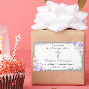 Adesivo Retangular Silver Cross Purple Floral Primeira Comunhão Sagra