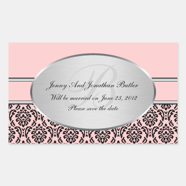 Adesivo Retangular Silver Damask Save The Date Stickers (Frente)