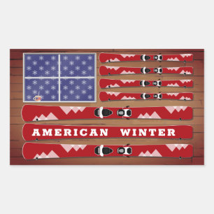 Adesivo Retangular Skis e Snowflakes USA Flag com Wood Wall