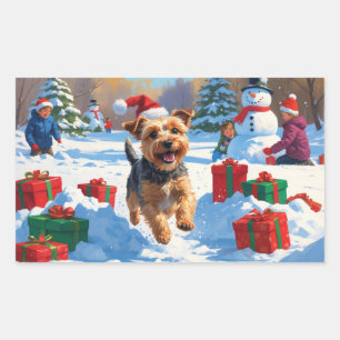 Adesivo Retangular Skye Terrier Correndo na Neve com Chapéu de Natal