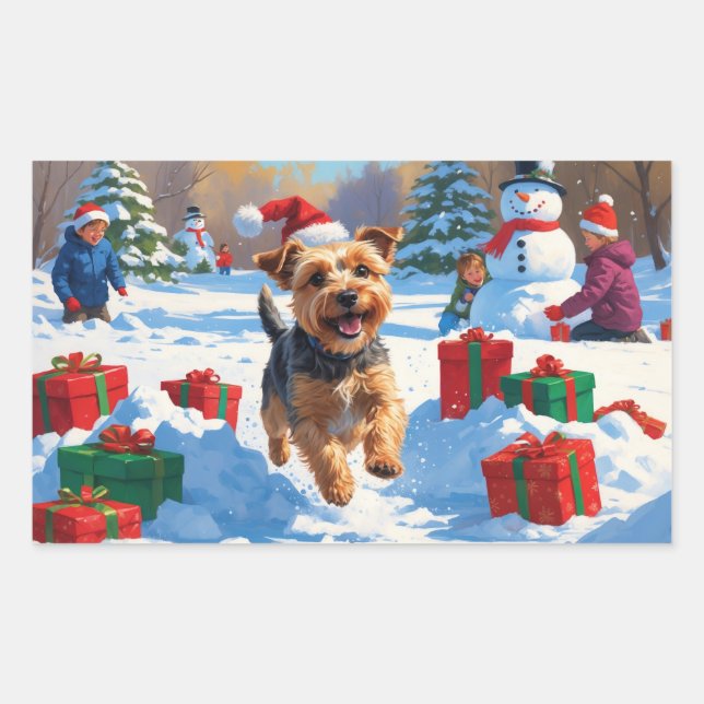 Adesivo Retangular Skye Terrier Correndo na Neve com Chapéu de Natal (Frente)