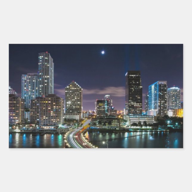 Adesivo Retangular Skyline da cidade de Miami com a ponte na noite (Frente)