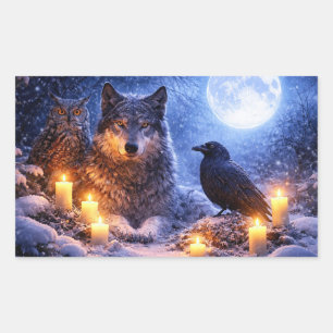Adesivo Retangular Solstício de Inverno Lobo Coruja e Corvo Místico