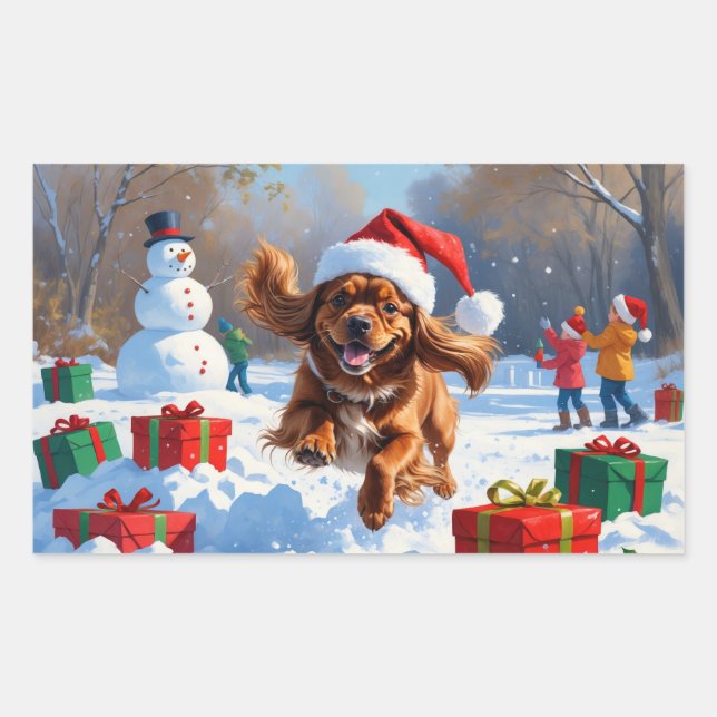 Adesivo Retangular Spaniel Tibetano Correndo na Neve com Chapéu de Na (Frente)