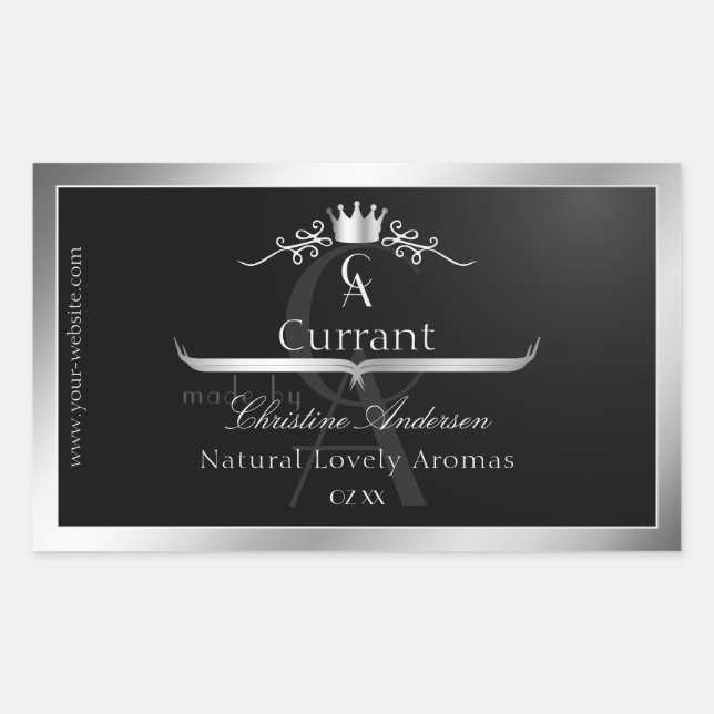 Adesivo Retangular Stylish Black Product Label Silver Frame Monogram (Frente)