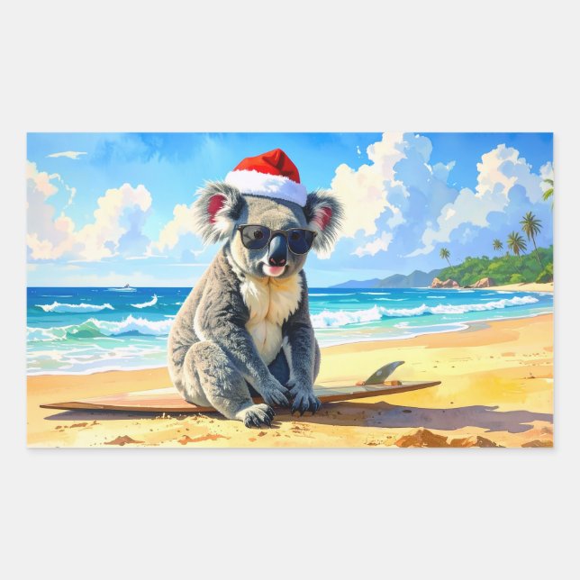 Adesivo Retangular Sun e Surf Koala Santa Hat Um Natal Aussie (Frente)
