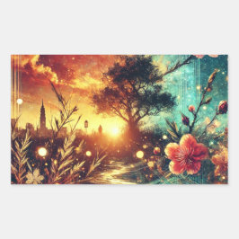 Adesivo Retangular Surreal Sunset e Floral Skyline Trabalho de arte