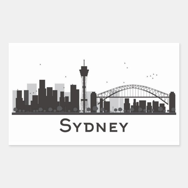 Adesivo Retangular Sydney, Austrália | Black & White City Skyline (Frente)