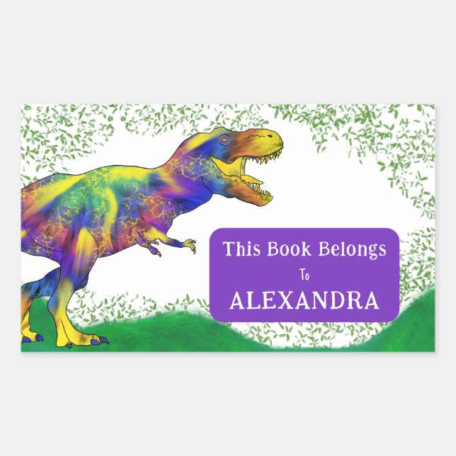 Adesivo Retangular T Rex Este Livro Pertence à Criança Nome (Frente)