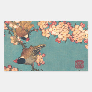 Adesivo Retangular Tentilhão-de-bico-grosso de Hokusai e Flor de Cere