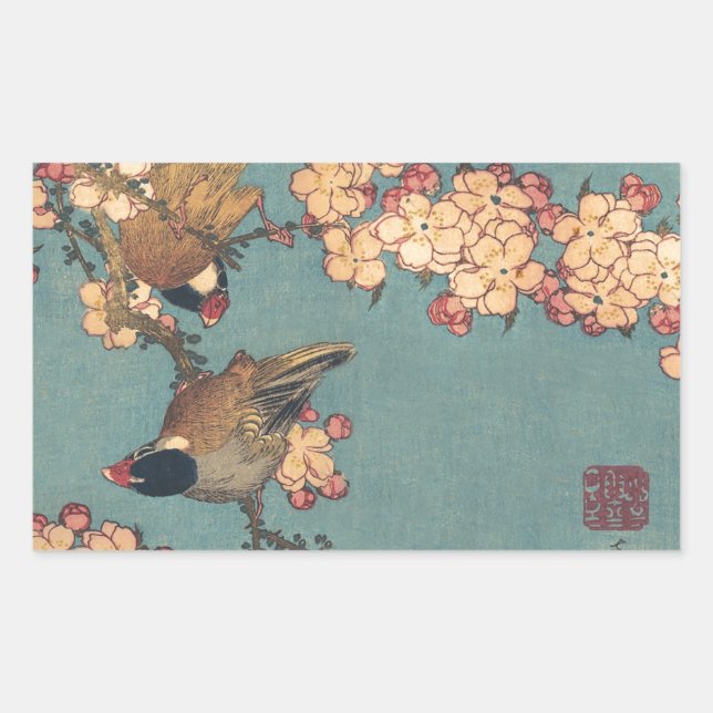Adesivo Retangular Tentilhão-de-bico-grosso de Hokusai e Flor de Cere (Frente)