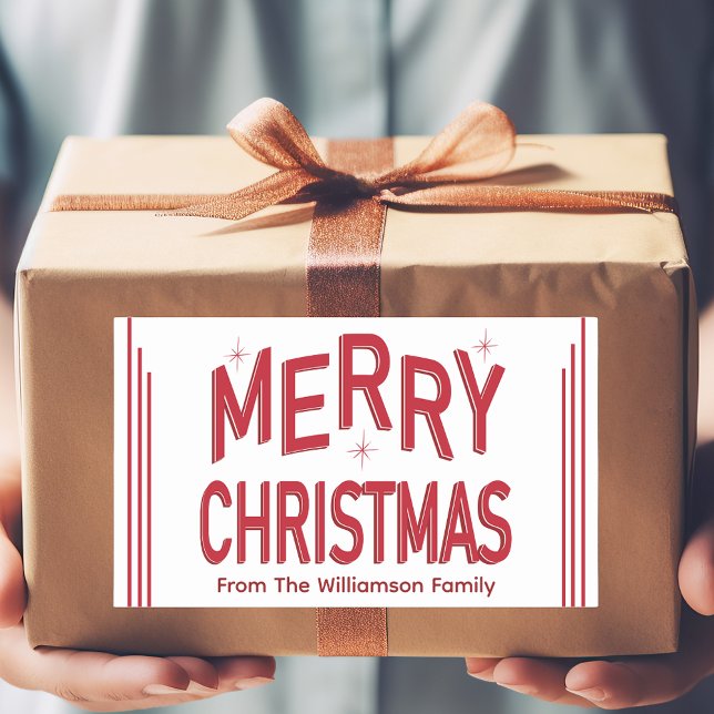 Adesivo Retangular Tipografia Retro Vermelho Feliz Natal  (Modern Retro Red Merry Christmas sticker label. Attach to gifts, food wrapping, envelopes and more. )