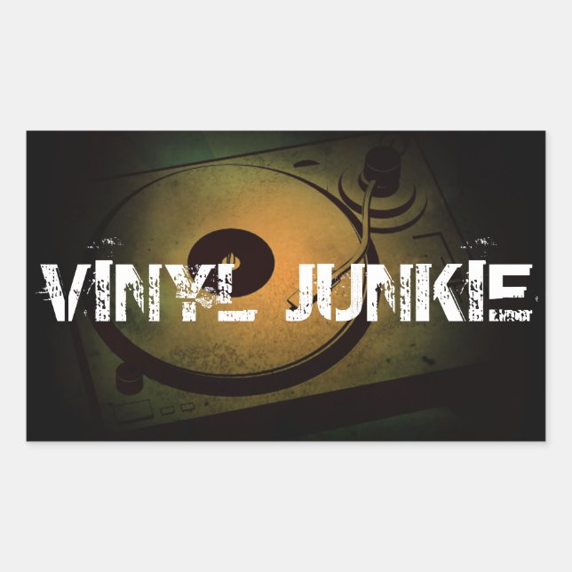Adesivo Retangular Toca-discos retrô antigo Vinyl Junkie (Frente)