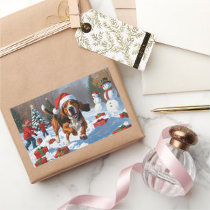 Adesivo Retangular Tremendo Walker Coonhound Snow com Chapéu de Natal