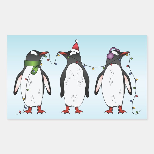 Adesivo Retangular Três Pingüins Festivos de Natal Ilustração (Frente)