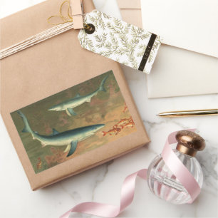 Adesivo Retangular Tubarões Azuis Comendo Peixes, Vida Marinha Antiga