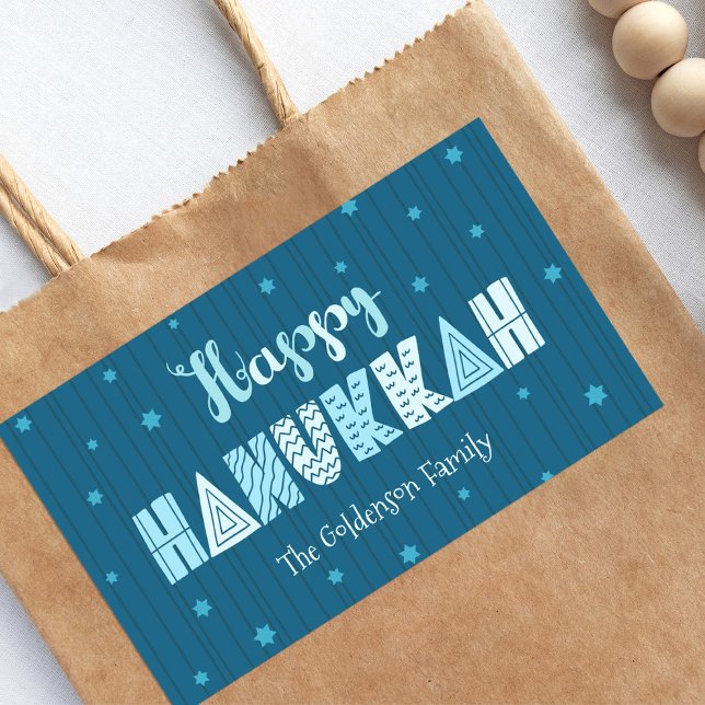 Adesivo Retangular Turquoise Happy Hanukkah Whimsics Tipografia (Criador carregado)