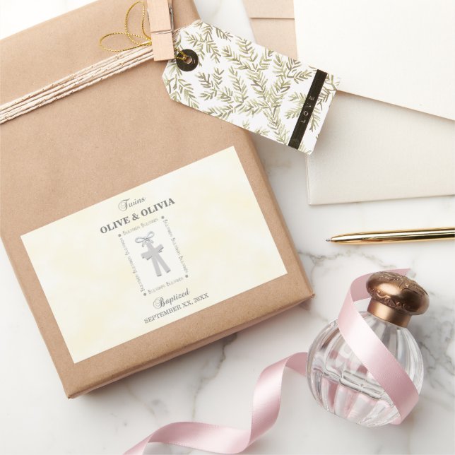 Adesivo Retangular Twins Batismo em Amarelo 2 Cruzes Personalizado (Presentear)