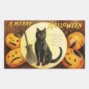 Adesivo Retangular Uma Feliz Halloween en Black Cat Pumpkins Vintage