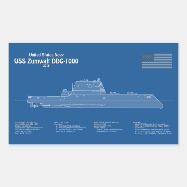Adesivo Retangular USS Zumwalt - Entrega de planos de impressão Bluep (Frente)