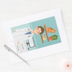 Adesivo Retangular Veterinário Homem Vestindo Jaleco Com Gato