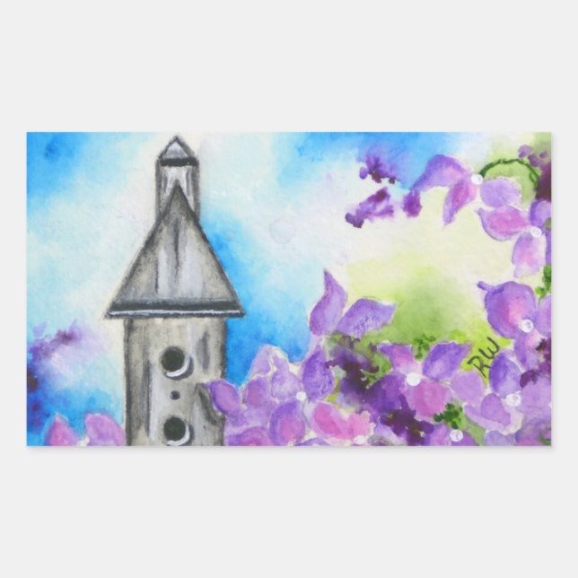 Adesivo Retangular Vinheta de Envelope da Flor Birdhouse & Hydrangea (Frente)