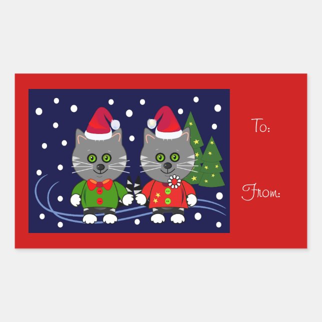 Adesivo Retangular Vinheta de Natal giro com gatos (Frente)