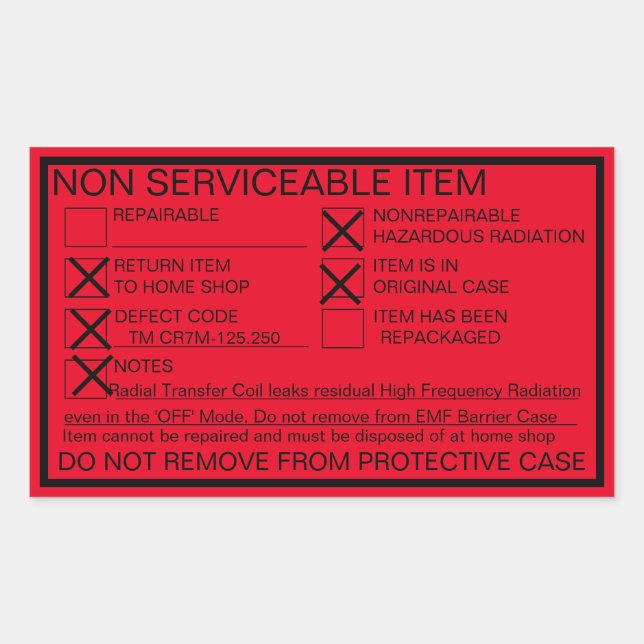 Adesivo Retangular Vinheta de Radiação de Fuga Não Reparável (Frente)