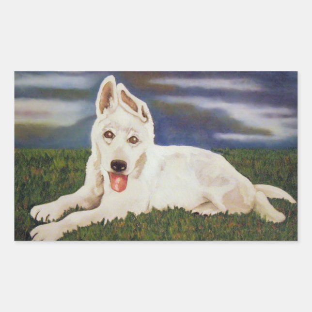 Adesivo Retangular Vinheta para cima do German shepherd branco (Frente)