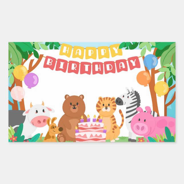 Adesivo Retangular Vinheta Retangular de Animais Feliz de Aniversário (Frente)