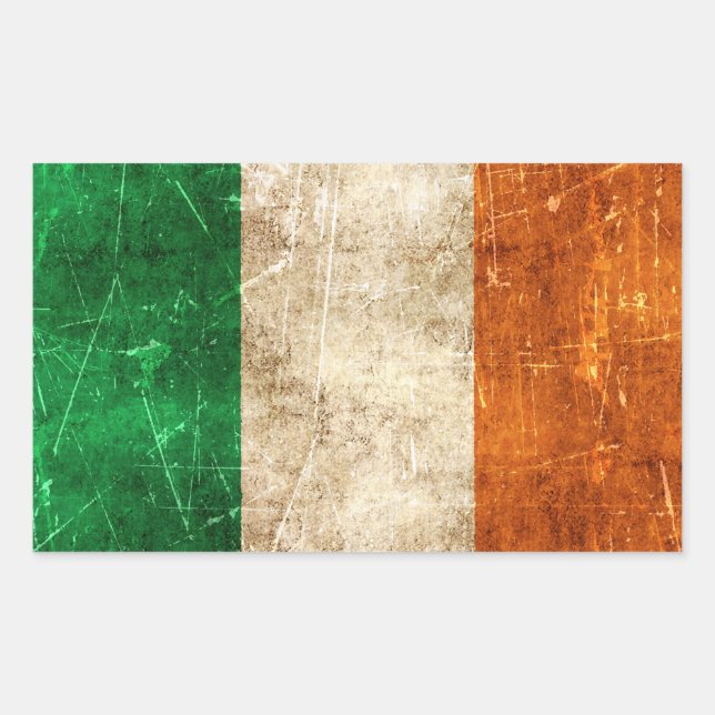 Adesivo Retangular Vintage Aged and Scratch Flag, Irlanda, (Frente)