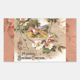 Adesivo Retangular Vintage Birthday Card Saudações Floral Paisagem