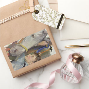 Adesivo Retangular Vintage Boy com seu cavalo ganhador de fita azul