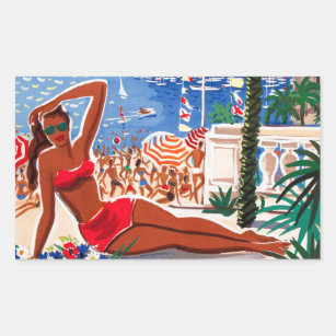 Adesivo Retangular Vintage Cote D'Azur Beach Girl
