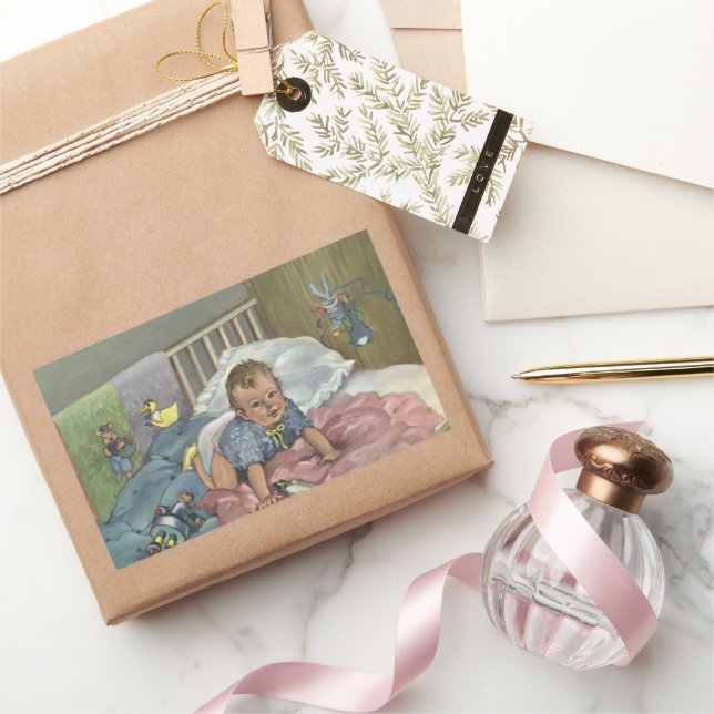 Adesivo Retangular Vintage Cute Baby Tocando em Crib, Child Nap Time (Presentear)