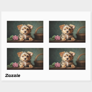 Adesivo Retangular Vintage Cute Puppy Yorkshire Terrier Rosa Portrait