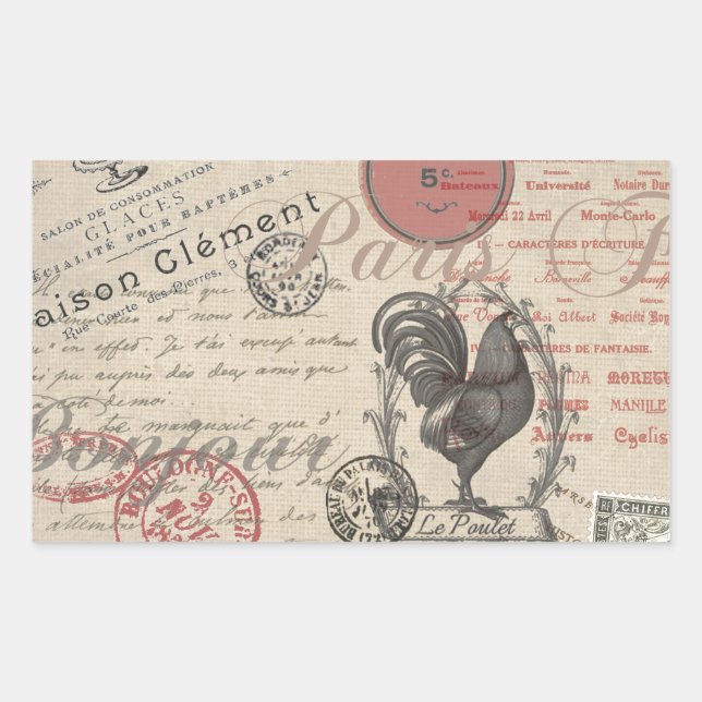 Adesivo Retangular Vintage French Escrevendo Tipografia Paris Rooster (Frente)