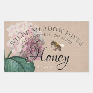 Adesivo Retangular Vintage Hydrangea flower & bee Honey Label Kraft