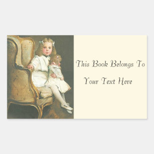 Adesivo Retangular Vintage Little Girl with Doll Photo Name Plate
