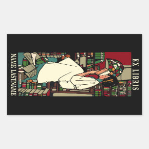 Adesivo Retangular Vintage Mulher Lendo Ex Libris Bookplate Modelo