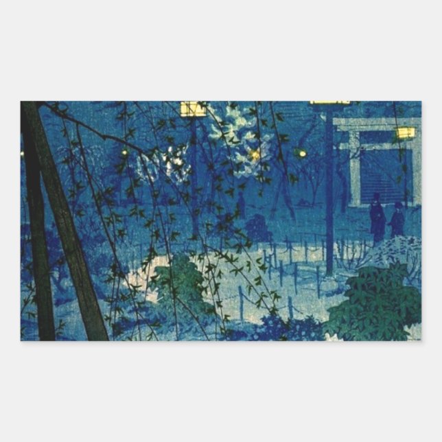 Adesivo Retangular Vintage, noite japonesa em azul (Frente)