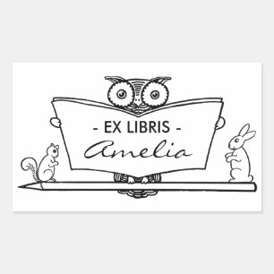 Adesivo Retangular Vintage Owl Ex Libris Bookplate Biblioteca Placa