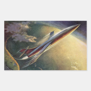 Adesivo Retangular Vintage Science Ficeship Airplane Earth
