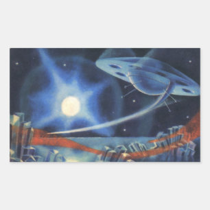 Adesivo Retangular Vintage Science Fiction Blue Spaceship over Planet