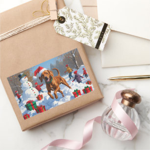 Adesivo Retangular Vizsla Correndo na Neve com Chapéu de Natal