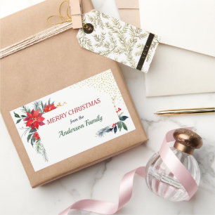Adesivo Retangular Watercolor Poinsettia Flor Holly Christmas