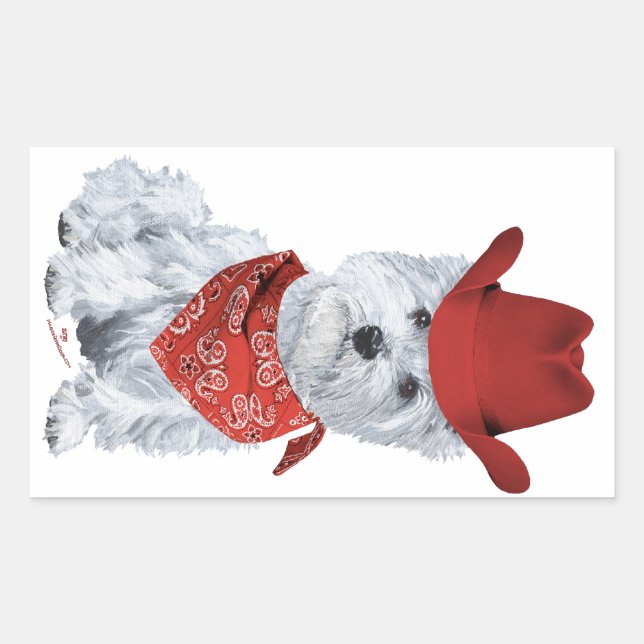 Adesivo Retangular Westie Cowboy de Vermelho (Frente)